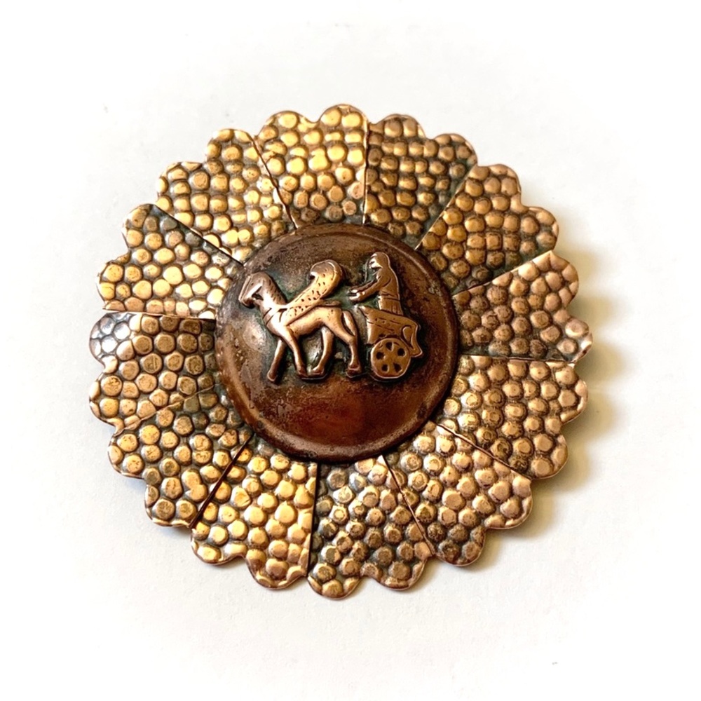 VTG OOAK Copper Greek Helios Winged Horses Chariot Sun Brooch